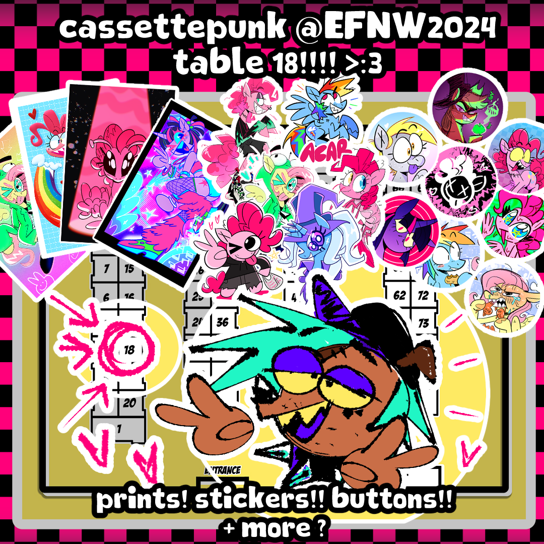 cassettepunk @EFNW 2024 table 18!!!; prints! stickers!! buttons!! +more?